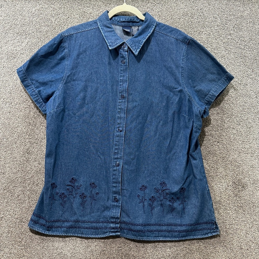 VTG Basic Editions Denim Short Sleeve Floral Embroidered Button Up Top Women XL